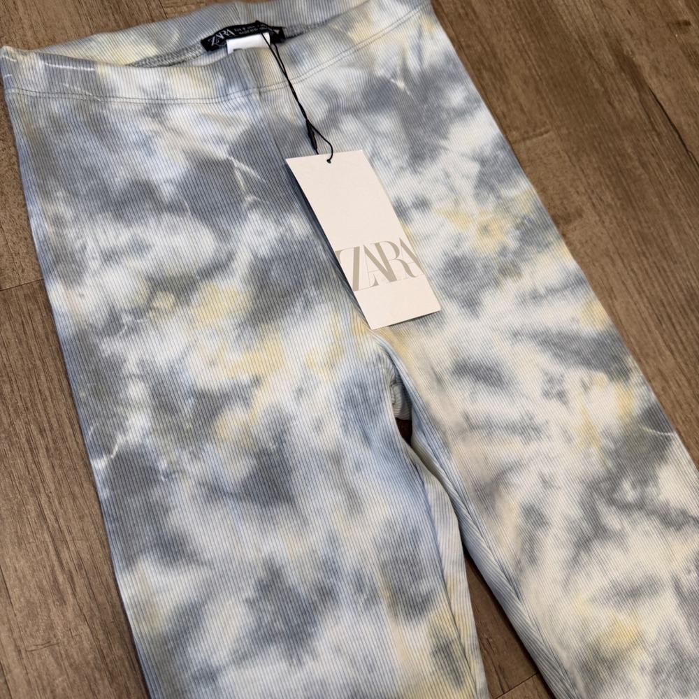 NEW Zara Womens Blue Grey Tie Dye Ribbed Flare Bell Bottom Yoga Pants Small - Picture 2 of 7